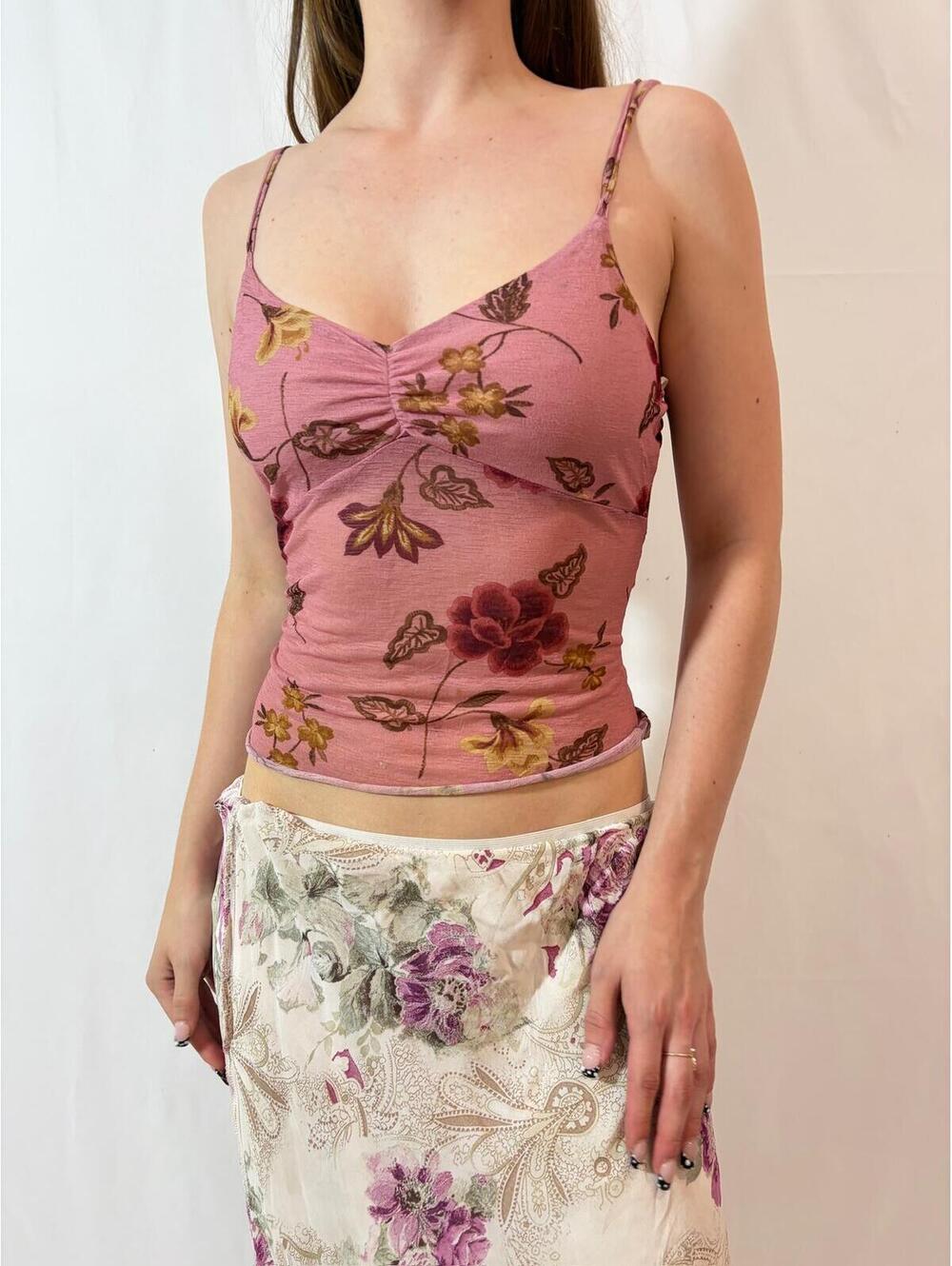 Pink Floral Tie Back Mesh Vintage Charlotte Russe Fairy Tank Top